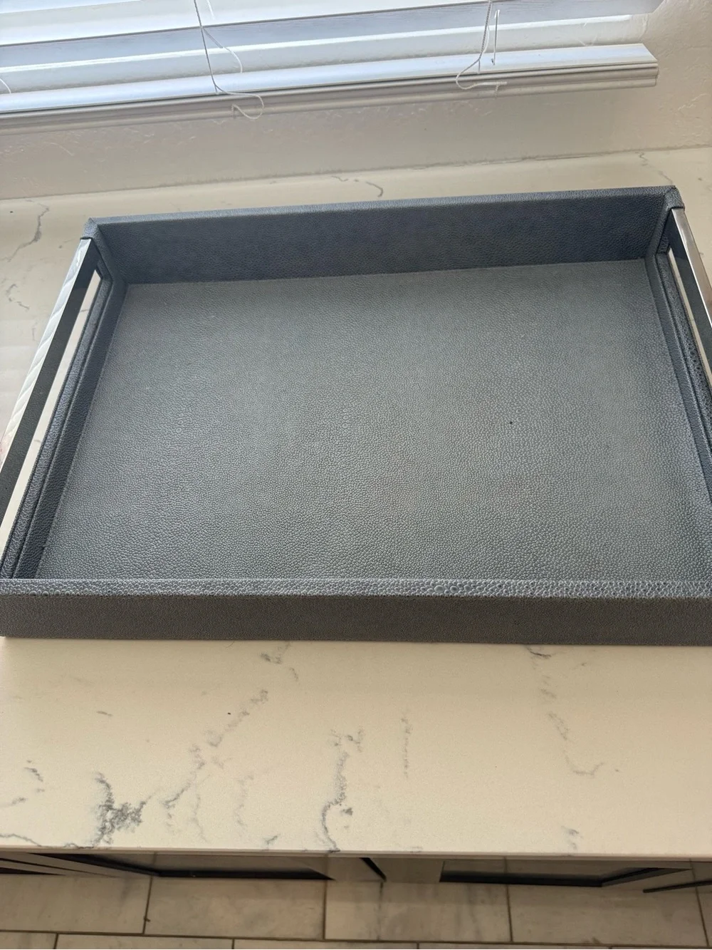 Crate&Barrel Gray Faux Leather Vanity Tray with Metal Handles
